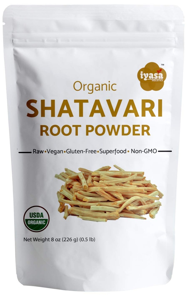 Iyasa Holistics Organic Shatavari Root Powder Pack de 8 oz/227 Gm, Sparanghel racemosus, USDA Organic Ayurveda herb, Women's Health Tonic, General Reîntinerire Tonic Pouch