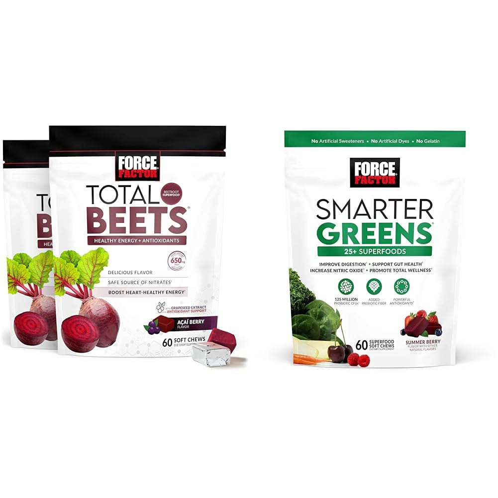 Force Factor Total Beets Soft Chews with Beetroot, Grapeseed Extract, Antioxidanti, Nitrates, L-Citrulline, 120 Count, 2-Pack and Smarter Greens Superfood Chews with 25+ Superfoods, Probiotics, Antioxidanti si Fiber, 60 Count