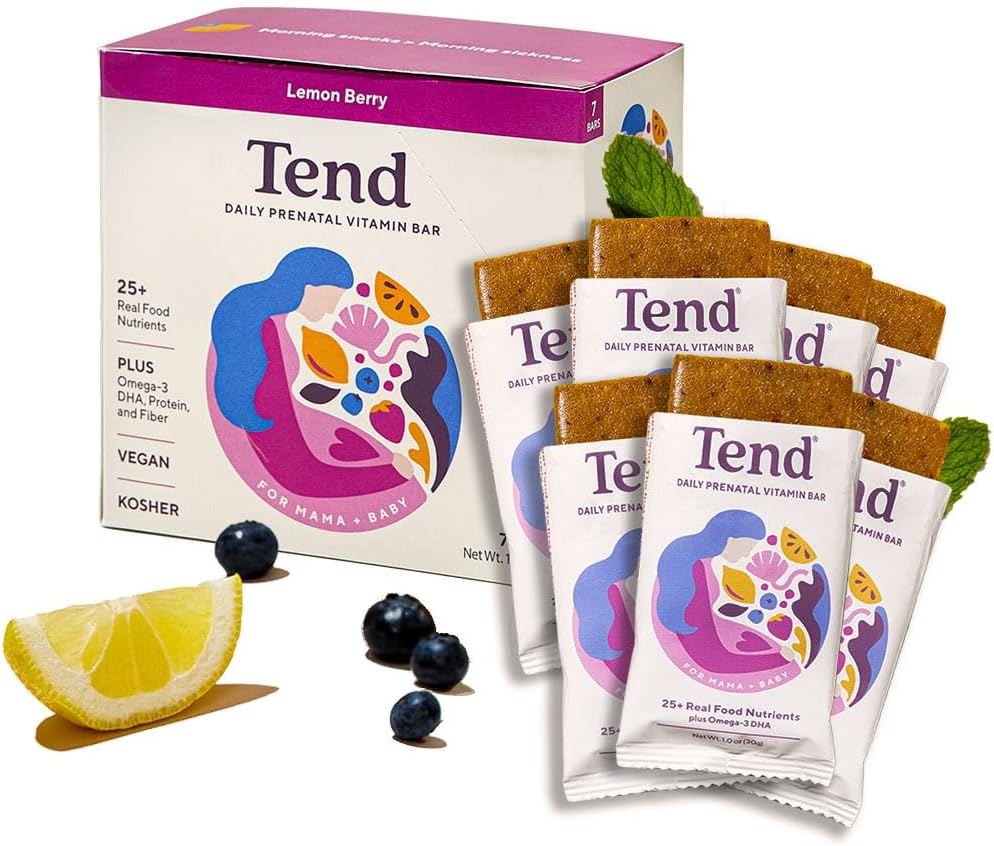 Tend Daily Best Prenatal Vitamina Bar, Made with Organic Ingredients for Gravide & Postpartum Mothers, Includes DHA, Vitamina D, B, Choline, Folate - Lemon Berry (7ct)