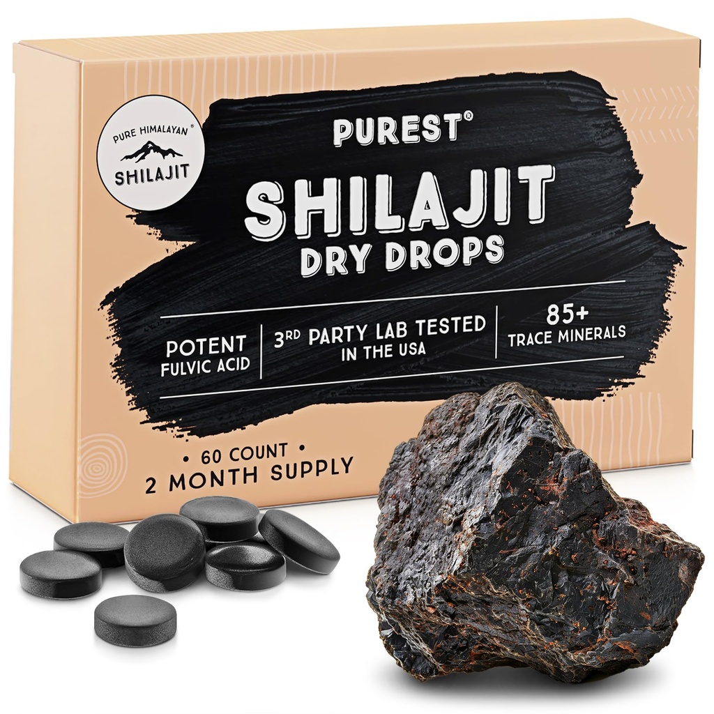 Picături uscate pure Himalayan Shilajit, 100% Silajit natural pur, Gradul A, Potență maximă 85+ Minerale cu urme curate și acid pelvian pentru energie, Supliment de sprijin metabolic și imun pentru bărbați și femei (60 file)
