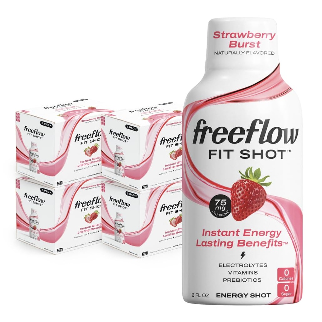 Freeflow Fit Energy Shots, Strawberry Burst, Natural Caffeine Boost cu L-theanină, Ginseng, Vitamine, Prebiotice, Electroliti (24 Conte, 2oz Shots)