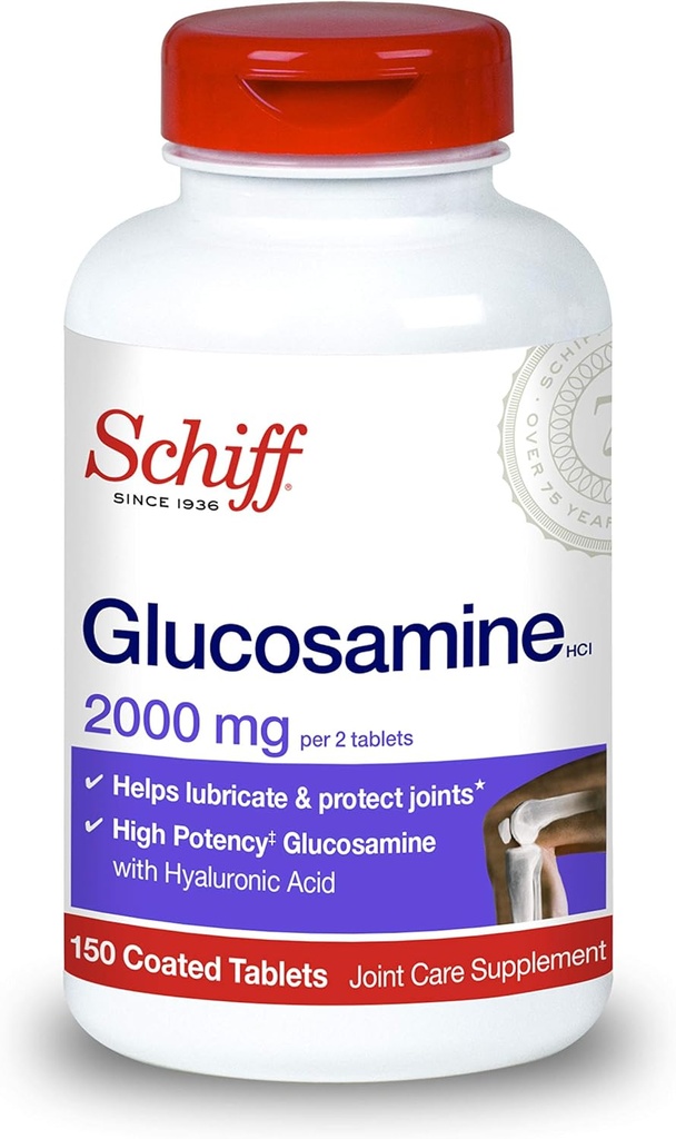 Schiff Glucosamină 2000mg (per Serving) + comprimate de acid hialuronic (150 Conte într-o sticlă), supliment de îngrijire comun care ajută la sprijinirea mobilității și flexibilității comune, susține structura de cartilage