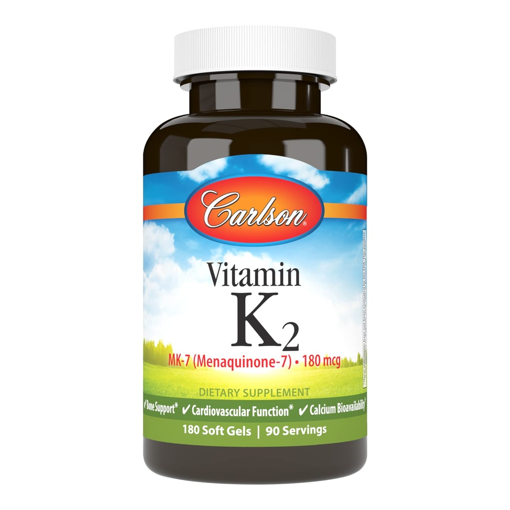 Carlson - Vitamina K2 MK-7 (Menachinonă), 180 mcg, suport osos, Biodisponibilitatea calciului, vitamina K2, vitamina K-2, 180 Softgels
