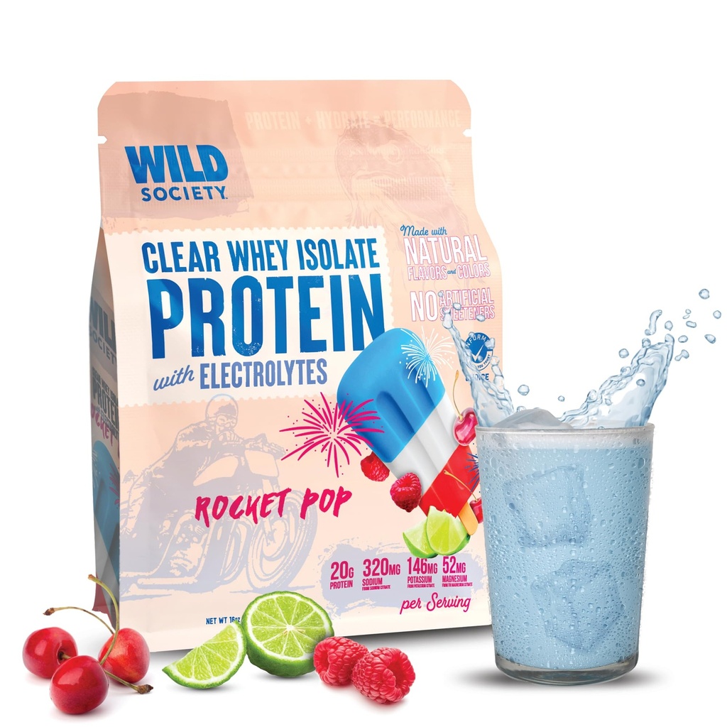 SOCIETATEA WILD - Proteină albă curată + Electroliti - Pulbere de izolat de proteine Reîmprospătatoare - 20g Proteină, 0 Zahăr adăugat, fără OMG-uri, arome naturale și culori - Rocket Pop, 16 oz
