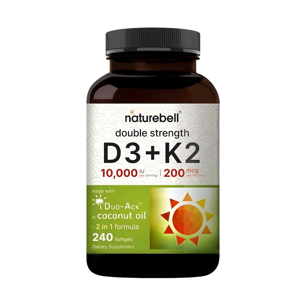 NatureBell Vitamină Dublă Rezistenţă D3 + K2-240 Softgels - 10000 UI Vitamină D & 200mcg K2 - Concentraţie osoasă, funcţie imună şi suport de absorbţie de calciu * - Ulei de cocos perfuzat