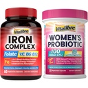 Suplimentul de fier pentru femei și bărbați, cu vitamine C, B6, B12 & Folate+Vitalibre Probiotice pentru femei 100 miliarde CFU, 15 tulpini, w/prebiotic, afine, vitamina B6 & VC,