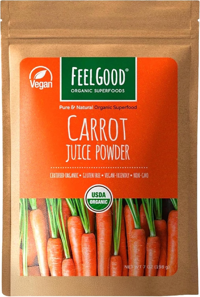 Feelgood Superfoods Morcov Juice Powder - Supliment de sanatate pentru Digestive, Piele, Eye & Imunity Support - Contine Beta Caroten & Vitamina A - 7 oz