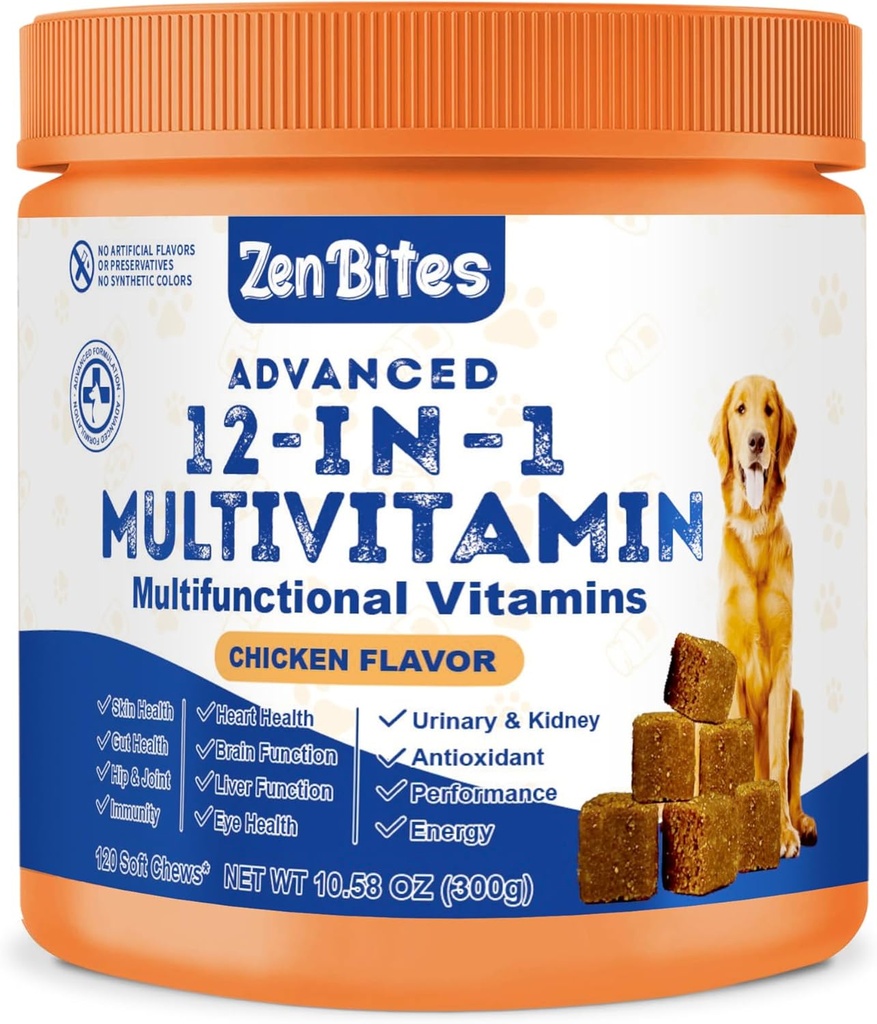 12-in-1 Dog Vitamine & Probiotice 120 Soft Chews - Multivitamine organice cu glucosamină pentru câini - Supliment de sprijin comun pentru câini de toate vârstele,Sizes, & Breeds,Suports Skin,Heart,Imunitate