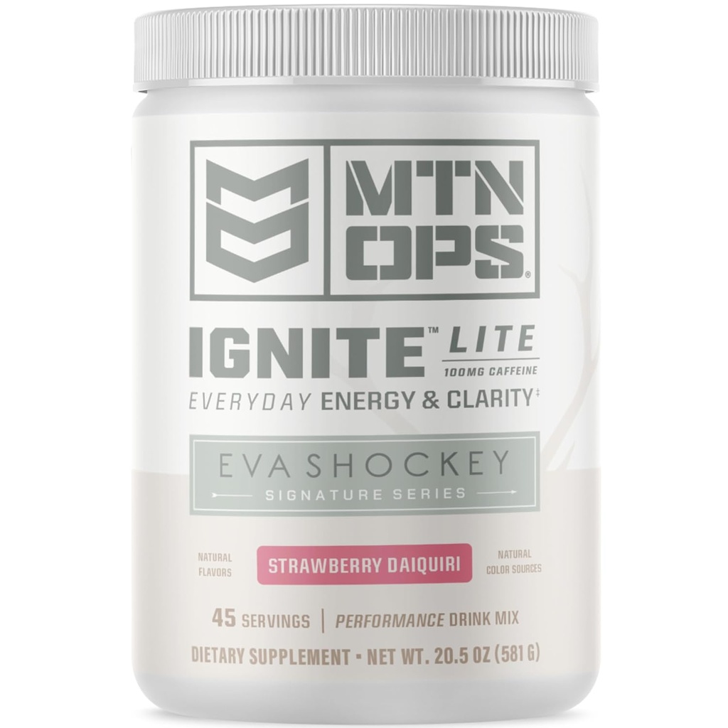 MTN OPS Ignite Energetic Drink Powder Gluten Free Nitricoxide Supplement Drink Mix, L Arginine, L Citruline, Cafeina & Nootropic Sugar Free Drink Mix, 45 Servings, Strawberry Daiquiri Flavor by Eva Shockey
