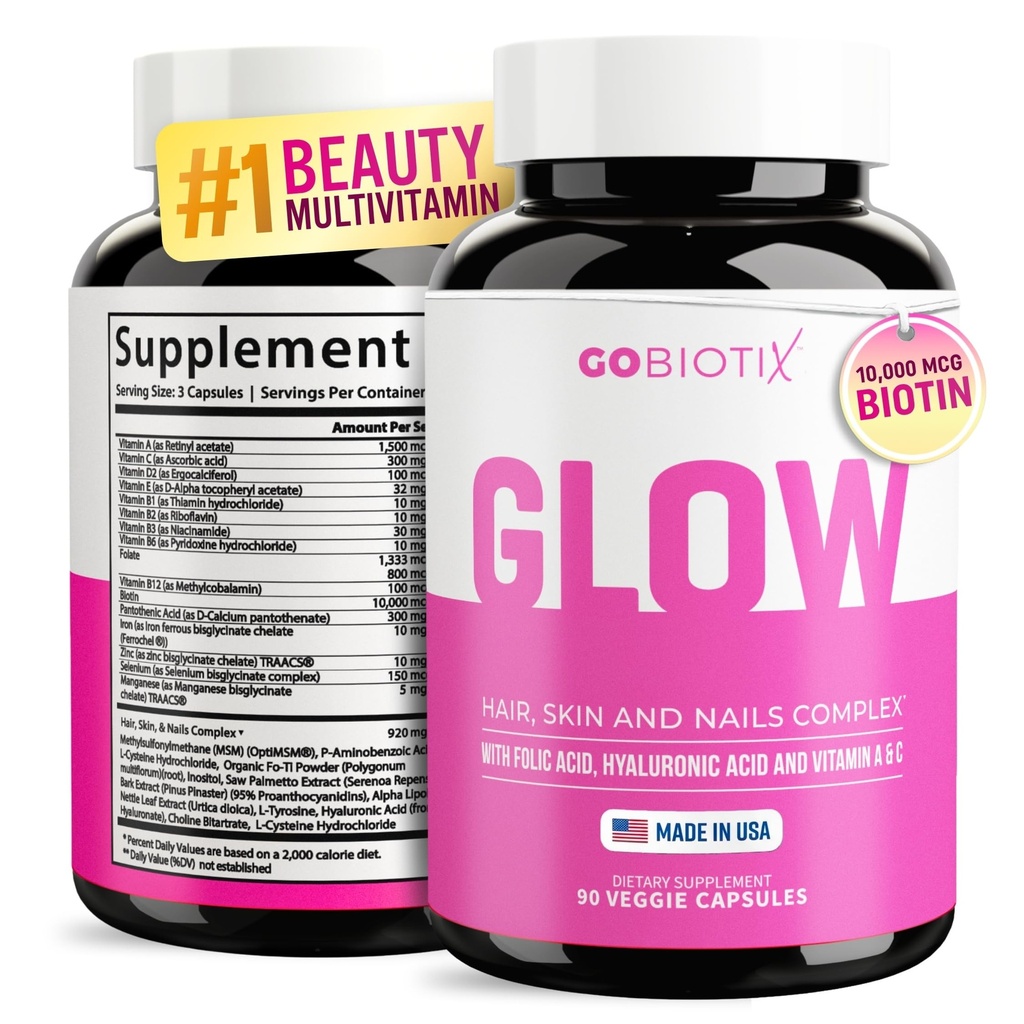 GOBIOTIX Piele de păr și unghii Suplimentul de vitamine - 10000mcg Biotin pastile cu acid hialuronic, Folat, fier, magneziu și zinc - producția de colagen, creșterea părului - 30 Servings