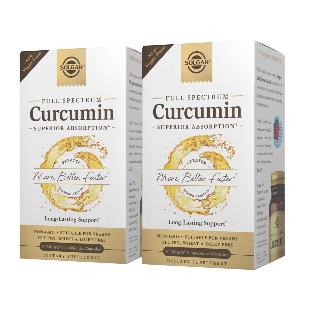 Solgar Full Spectrum Curcumin - 60 LiCaps, Pachet de 2 - Absorbție superioară - Brain, Joint & Immune Health - Non-GMO, Vegan, Gluten Free, Dairy Free - 120 Total Servings