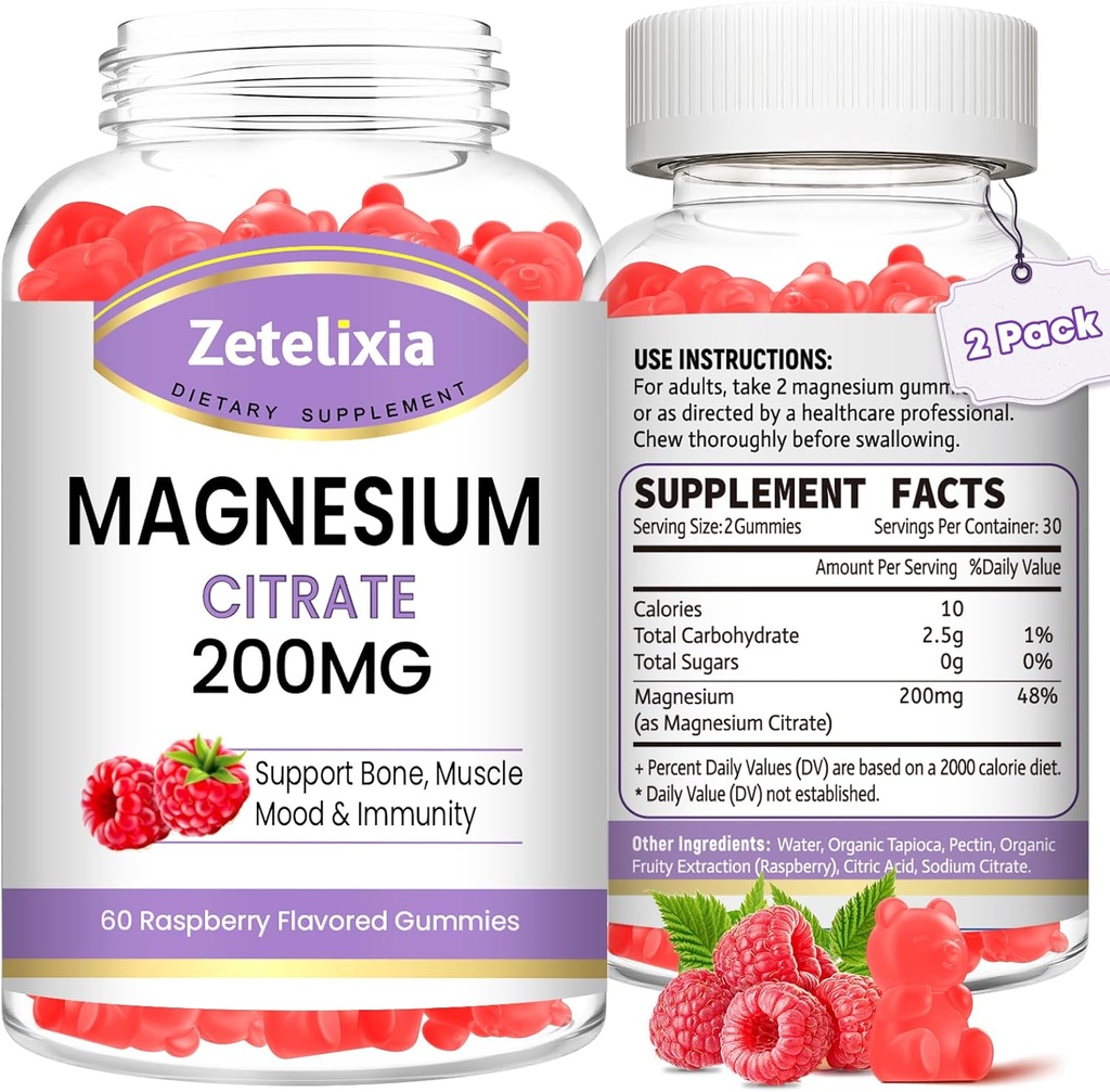 2 Pachet Citrat de magneziu Gume, Gume de magneziu de înaltă absorbţie pentru adulţi, suport muscular şi dinţi, aroma de zmeură naturală Vegan 120 Cts