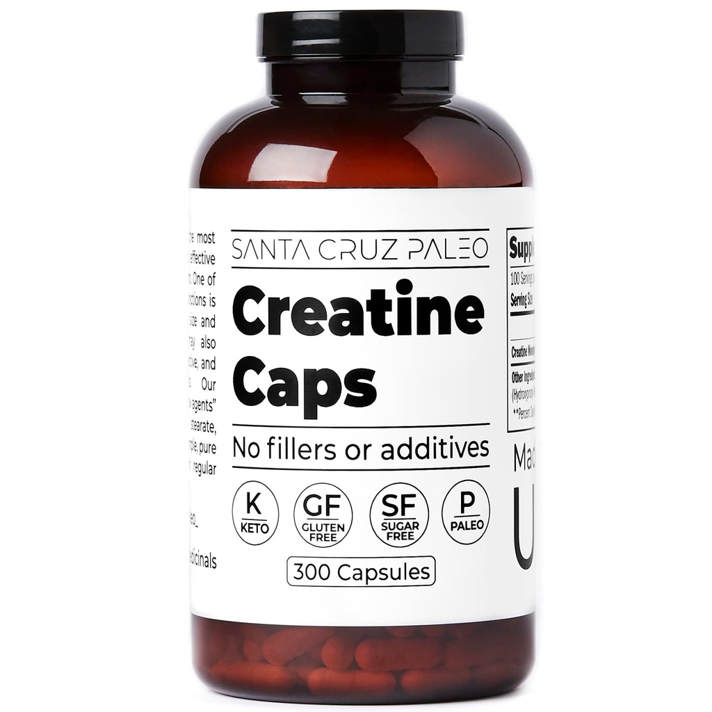 Santa Cruz Paleo Creatine Capsule, Sustine cresterea musculara & energie, Gluten gratuit, Keto, Sugar Free, Paleo, Fara Fillers sau aditivi, Creatine Monohidrat pastile, 2500mg, 100 Serviri, 300 capsule