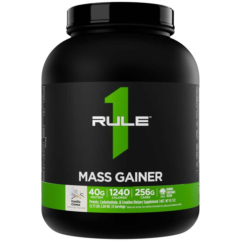Regula 1 Gainer în masă - Formula de câștig în greutate ridicat Calorie cu 1,220+ Calorii, 250g+ Complex Carb Blend, 40g Proteina All-Whey Per Serving (8 serviri, Vanilla Crème)