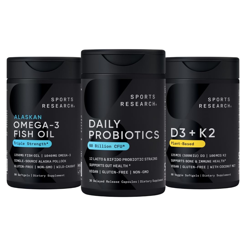Cercetare sportivă Wild Alaskan Pollock Omega 3 Ulei de pește 90 Softgels (1250 mg) + Probiotice Vegane cu prebiotice, 60 Miliarde CFU (30 Softgels) + 5000 UI vitamina D + 100mcg Mk7 Vitamina K (60 Softgels)