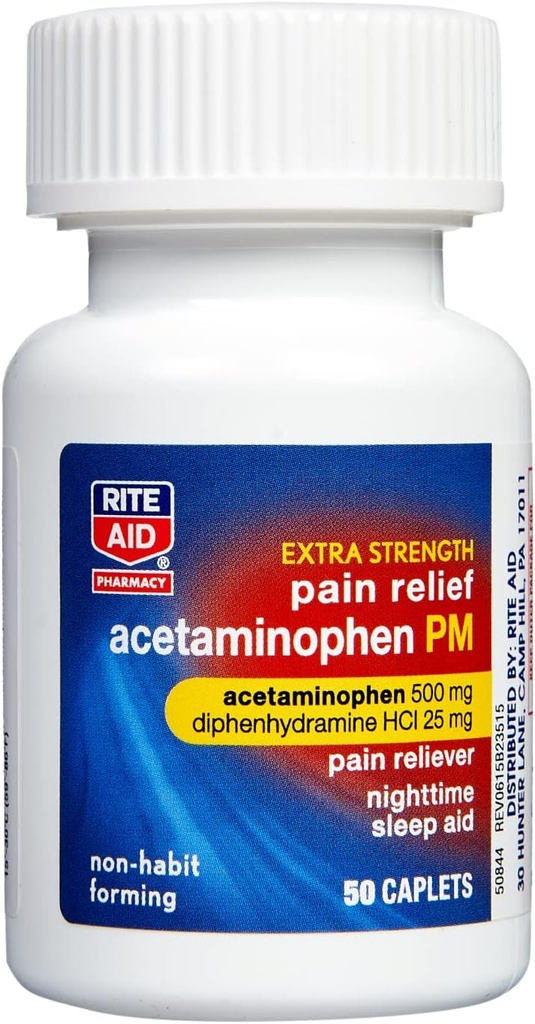 Rite Ajutor Extra Putere PM Ajutor Durere Caplete, 500 mg Acetaminofen / 25 mg Difenhidramină - 50 Conte 