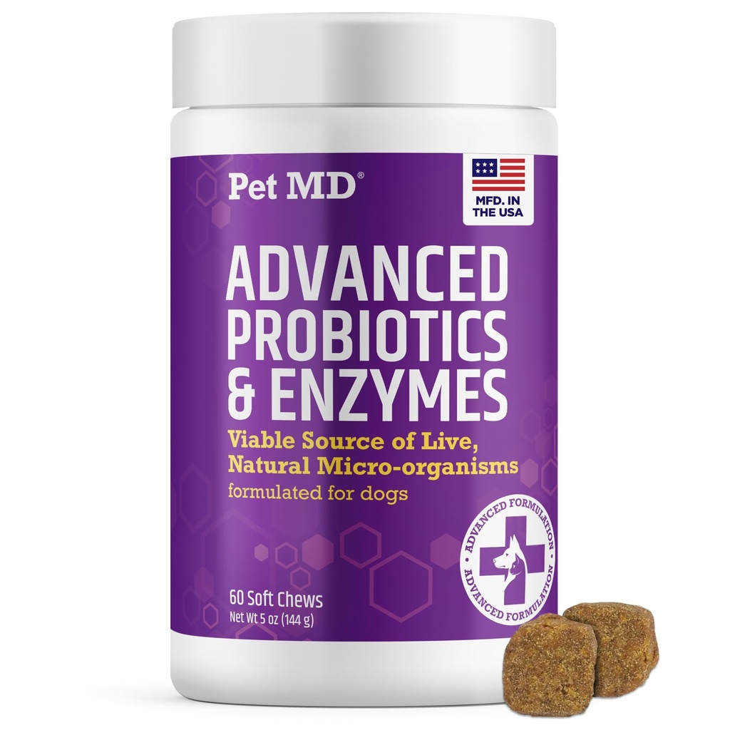 Probiotice şi enzime pentru câini - Chews pentru sănătate cu prebiotice - Digestive Aid pentru câini cu stomac iritat, diaree, constipaţie sau gaze - Probiotice funcţionale pentru câini - 60 ct