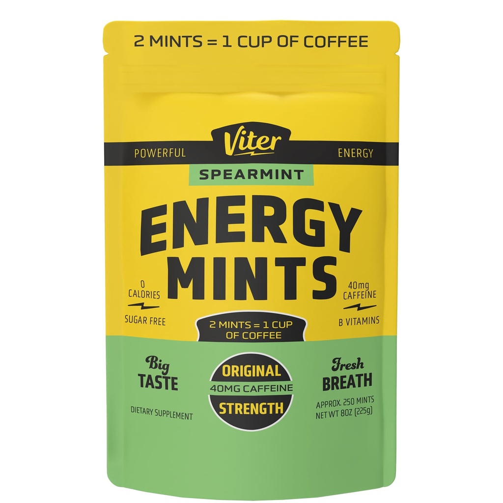 Viter Energy 40mg Caffeine Mints - Sugar Free, B Vitamine, Vegan, Boosts Fast Energetic Alert Focus, Pastile Nootropice Supliment cofeinate (Spearmint Flavor, 8oz, Bulk Bag)
