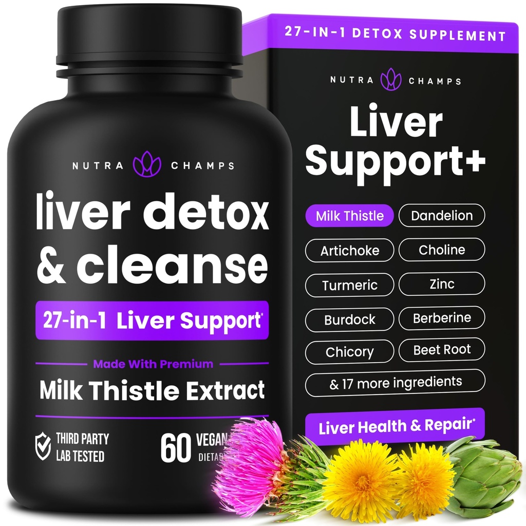 NutraChamps Ficat Cleanse Detox & Reparatii Formula, 20+ Herbs: Milk Thistle Extract cu Silymarin, Artichoke, Dandelion, Root Powder, supliment de suport hepatic pastile, 60 capsule