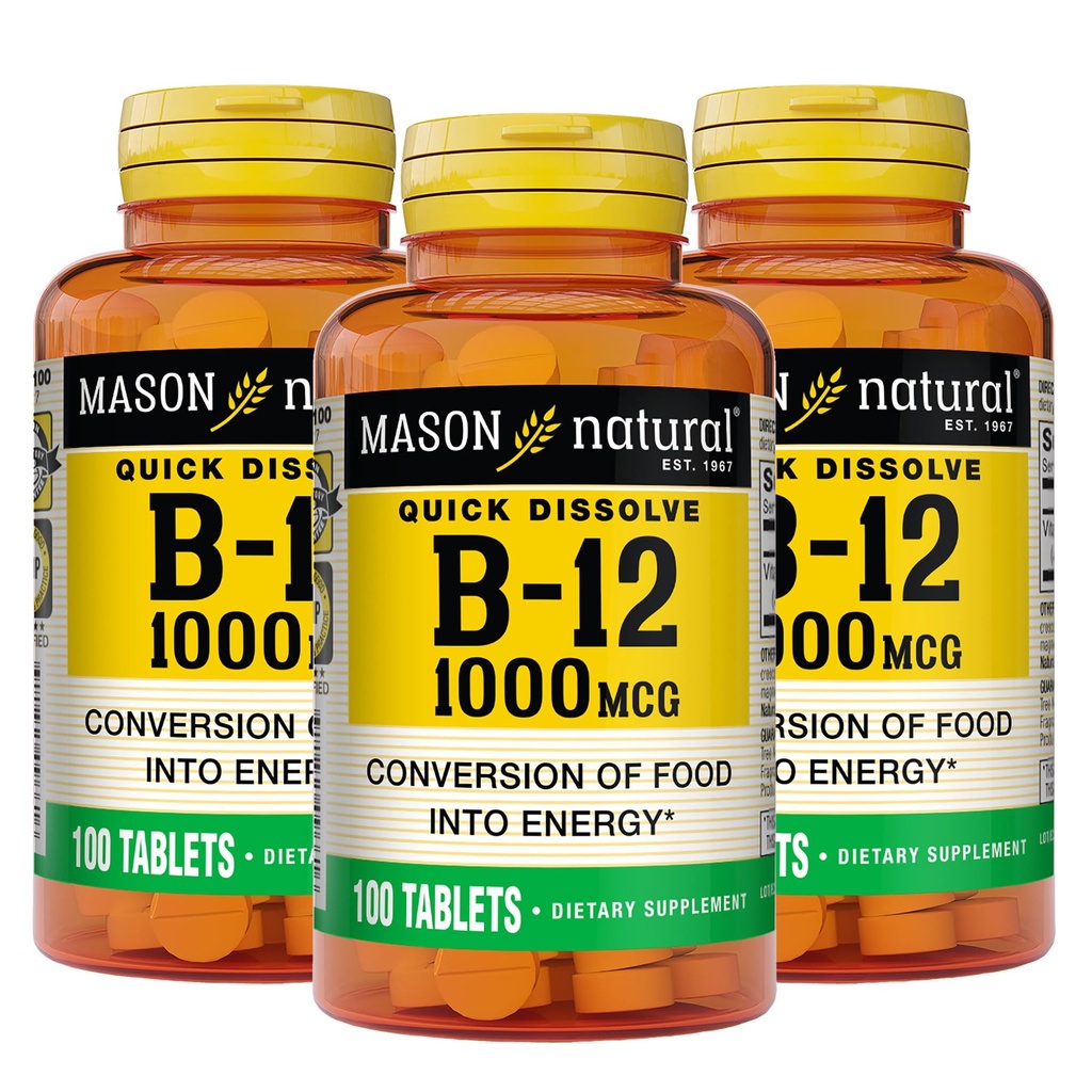 MASON NATURAL B,12 1000 mcg Dizolvare rapidă, 300 zile de aprovizionare pentru transformarea sănătoasă a alimentelor în energie (3 ambalaj)