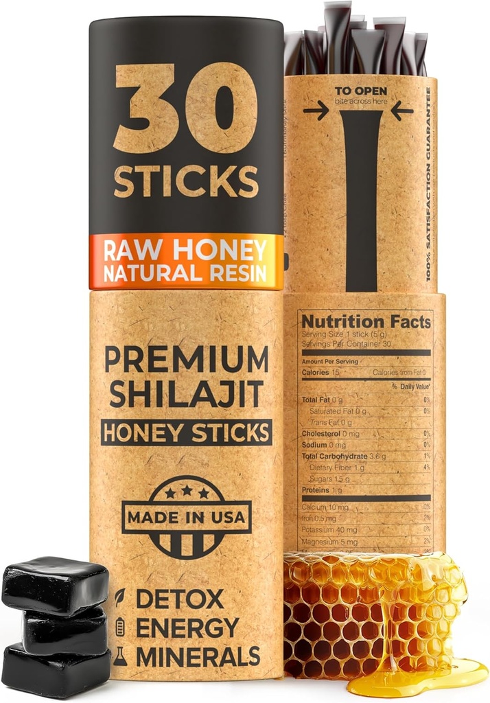 Natural SHILAJIT Sticks de miere - Shilajit Resin cu miere crudă, acid pelvian și minerale Trace, Nutrienți pe bază de plante pentru energie, Suport imunitar & Vitality - 30 Shilaj Sticks