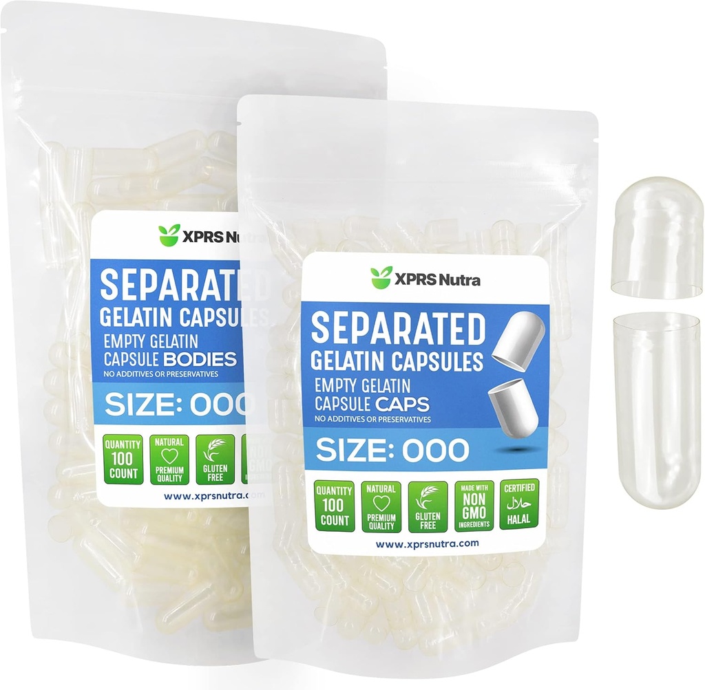 XPRS Nutra Separated Capsules Size 000-100 Count Large Empty Gelatin Capsules Separated in Bags - Premium Clear Empty 000 Pills for DIY Supplement Filling