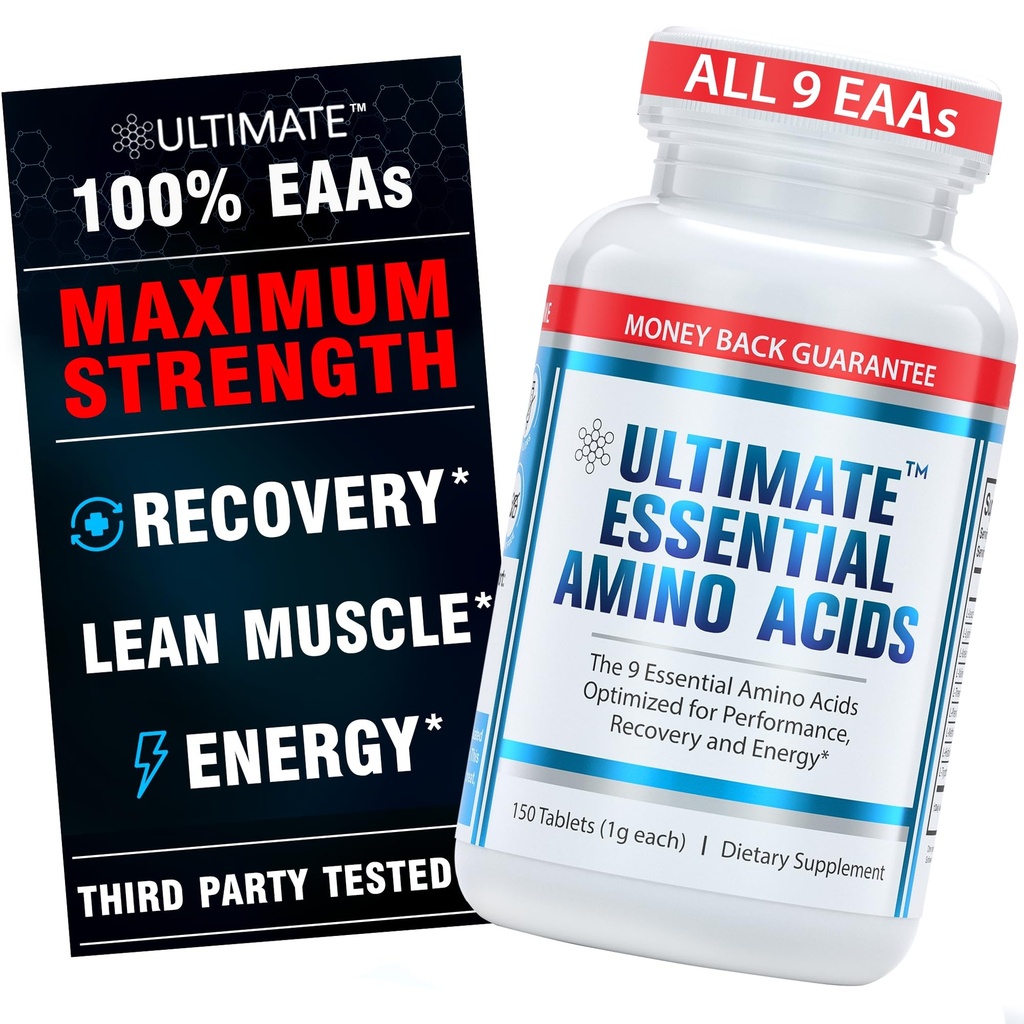 Ultimate Essential Amino Acids Supliment pentru tăiere, postare & antrenamente, Toate 9 EAAS, 3000mg, 40% Leucine, 4:1:1 BCAA Ratio, Binder-Free cu acoperire organică, Vegan, Keto, Non-GMO, 150 comprimate