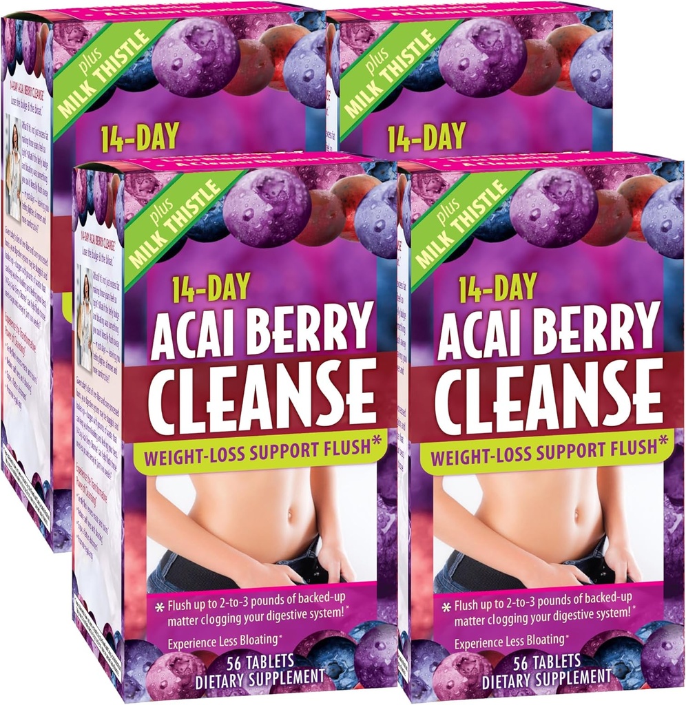 Nutriție aplicată 14-Day Acai Berry Cleanse - 56 comprimate, Pachet de 4 - Greutate-Pierdere suport Flush + Mulge de lapte - 112 Serviri totale