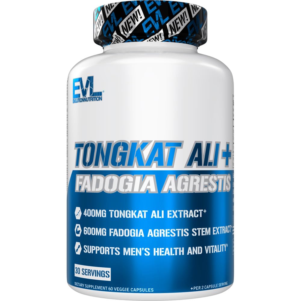 Evlution Nutrition Tongkat Ali + Fadogia Agrestis - Bărbați Sănătate + Suport Vitality - 400mg Tongkat Ali + 600mg Fadogia Agrestis Extract de Stem - Supliment de antrenament - Capsule vegetariene - 30 Servings
