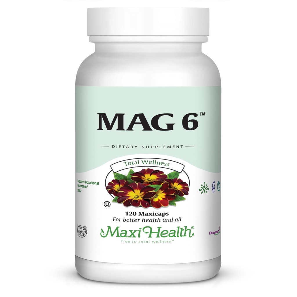 Maxi Health MAG 6 - Magneziu (sub formă de oxid, glicinat) cu vitamina B6 - Migrenă, crampe musculare, suport de piatră renală - Supliment de magneziu pentru femei și bărbați - 120 capsule - Kosher