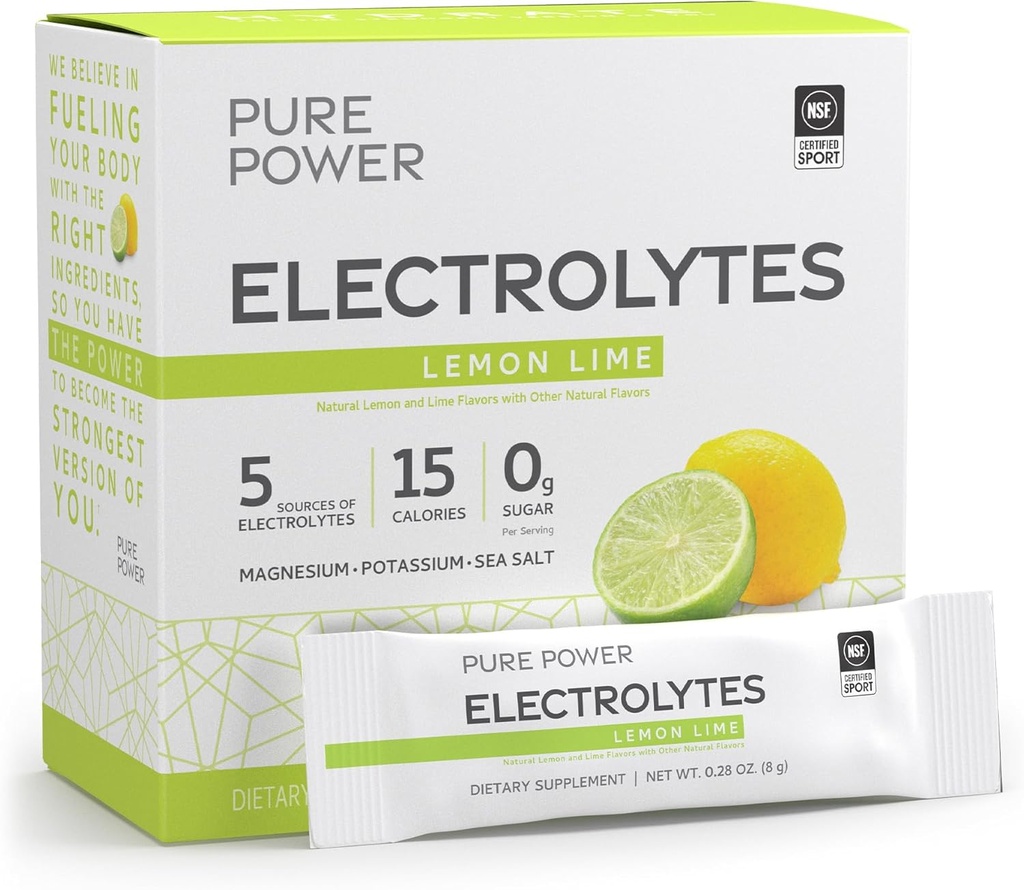 Dr. Mercola Pure Power Electrolytes - Suporturi Hidratare și funcția musculară - Magneziu și Amestec de potasiu - 0 g Zahăr per Serving - Lămâie - 30 Pachete