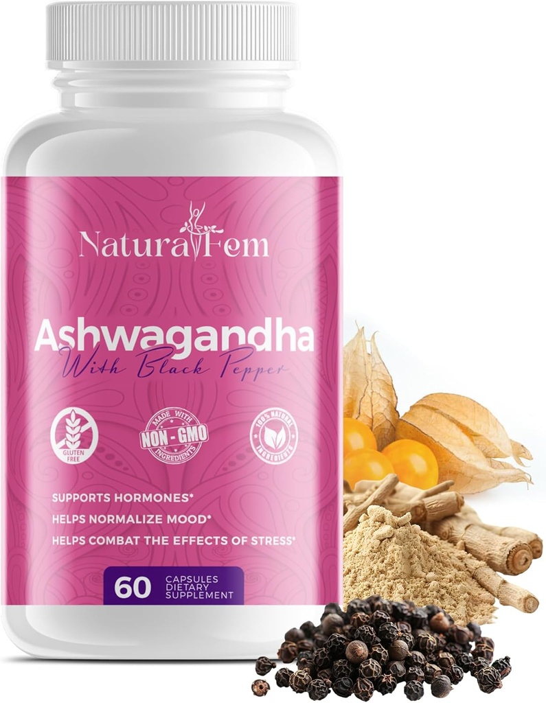 Naturalfem Ashwagandha Suplimente pentru femei cu Pepper negru - Managementul stresului, Hormone & Mood Supplement - Gluten-Free, 1300 mg. 60 Capsule vegetale