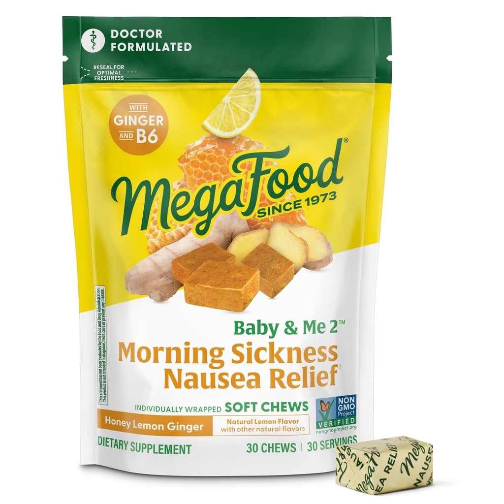 Megafood Baby & me Prenatal Morning Sickness Relief, Ginger Chews, cu vitamina B6, Made without 9 Food Allergens, Honey Lemon Ginger Flavor, 30 Chews