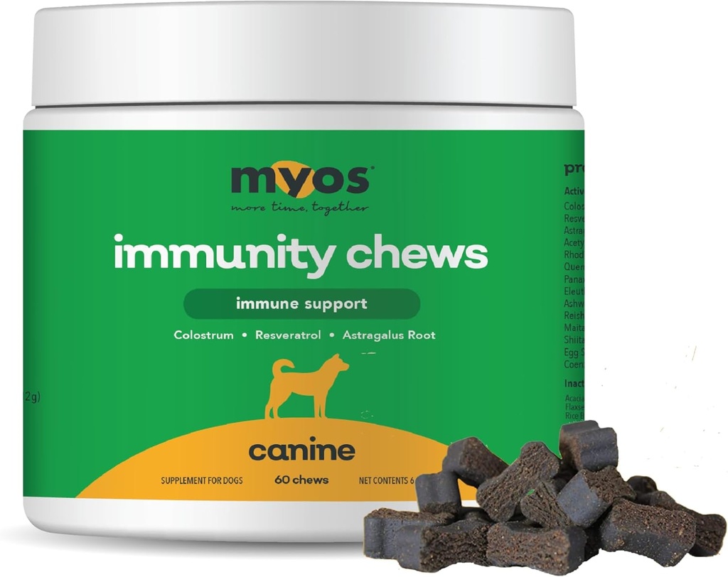 MYOS Imunity Chew pentru câini - Immune System Support, Antioxidanti, Ajuta Cellular Health & Vitality- cu Colostrum, Resveratrol, Astragalus Root, și ciuperci- Zilnic supliment masticabile