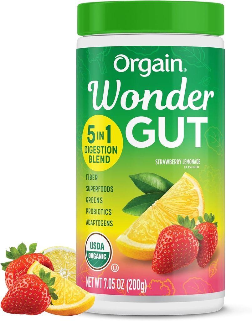 Orgain Organic Wonder Gut Fiber Supplement Powder, 5 in 1 Blend cu 1 miliard Probiotice, Verzi, Vitamina C, Adaptogens for Gut Health and Immune Support, Non-GMO, Strawberry Lemonade, 7.05 oz