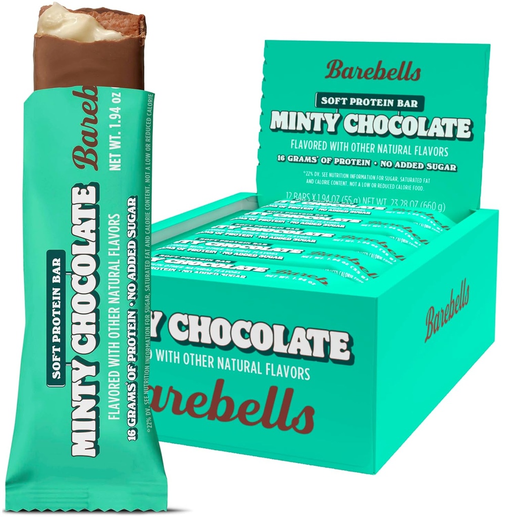 Barebells Soft Proteina Baruri, Minty Chocolate - 12 Conte, 16g High Proteine Treats - Chocolate Nutrition Bar cu 1g Total Sugars - On The Go Breakfast or Post-Workout Snack