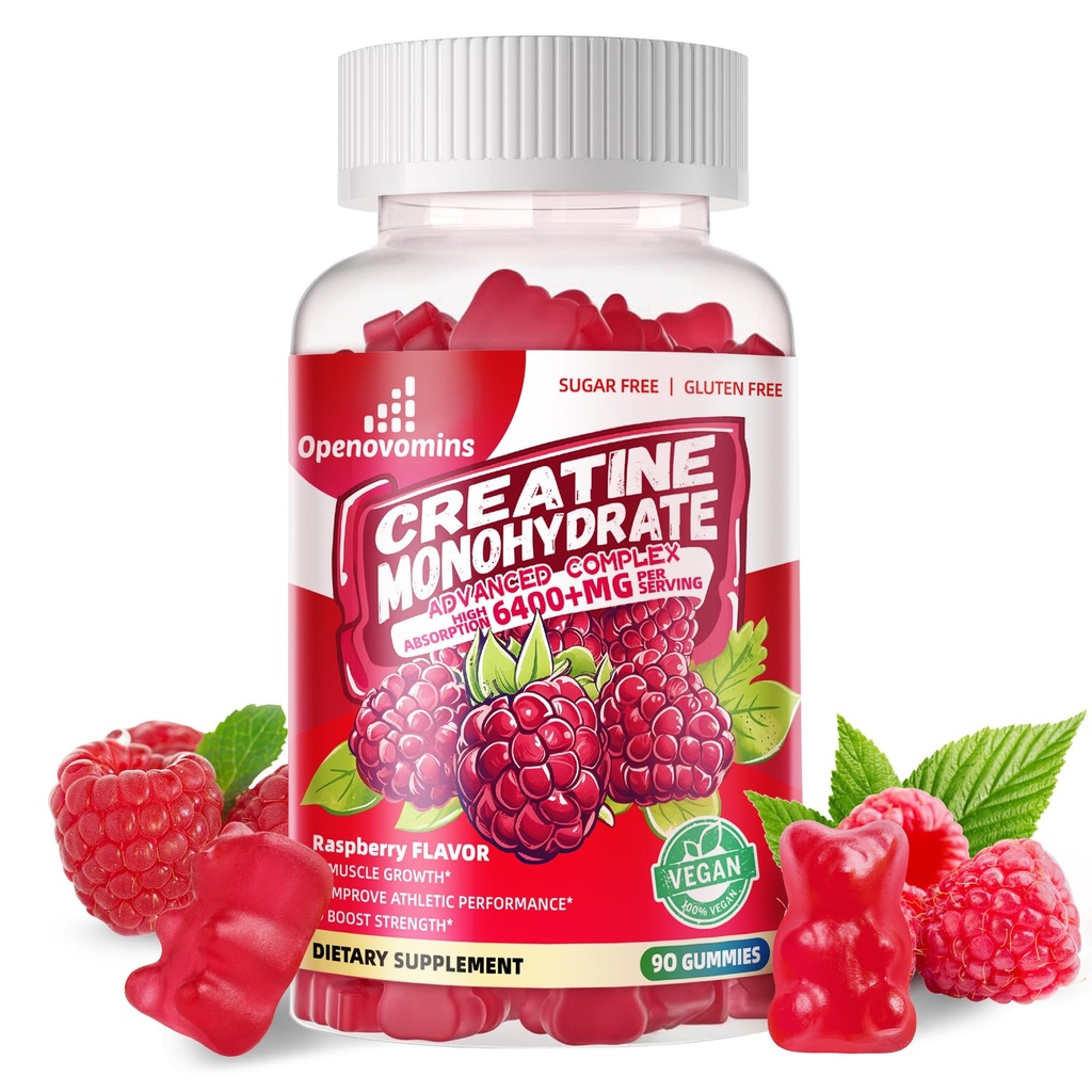 Creatin Monohidrat Gummies Complex 6400mg pentru bărbaţi şi femei -Advanced Formula W/L-Taurină + vitamina B12, Sugar Free Chembable Suplement,90 Zmeură Gummie