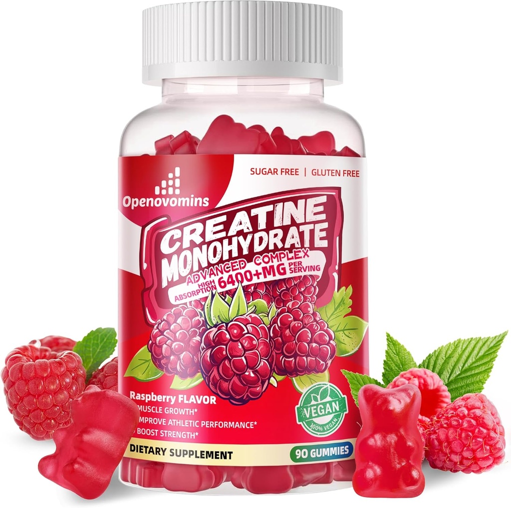 Creatin Monohidrat Gummies Complex 6400mg pentru bărbaţi şi femei -Advanced Formula W/L-Taurină + vitamina B12, Sugar Free Chembable Suplement,90 Zmeură Gummie