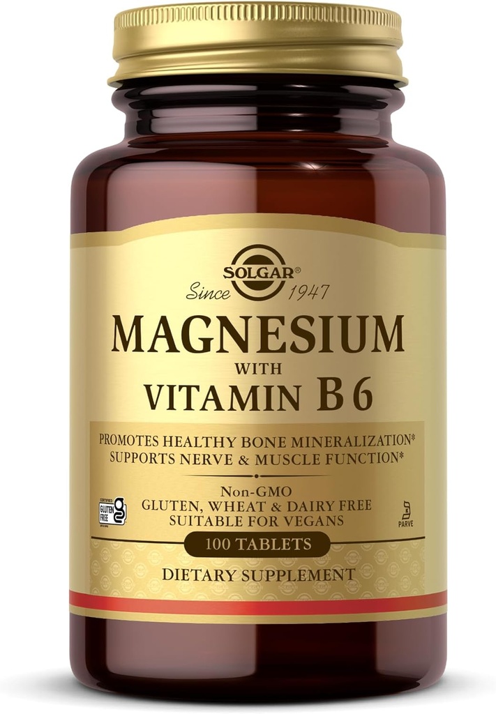 Solgar Magnesium with Vitamin B6, 100 Tablets - Promote Healthy Bone Mineralization, Support Nerve & Muscle Function, Energy Metabolism - Non-GMO, Vegan, Gluten Free, Dairy Free, Kosher - 33 Servings