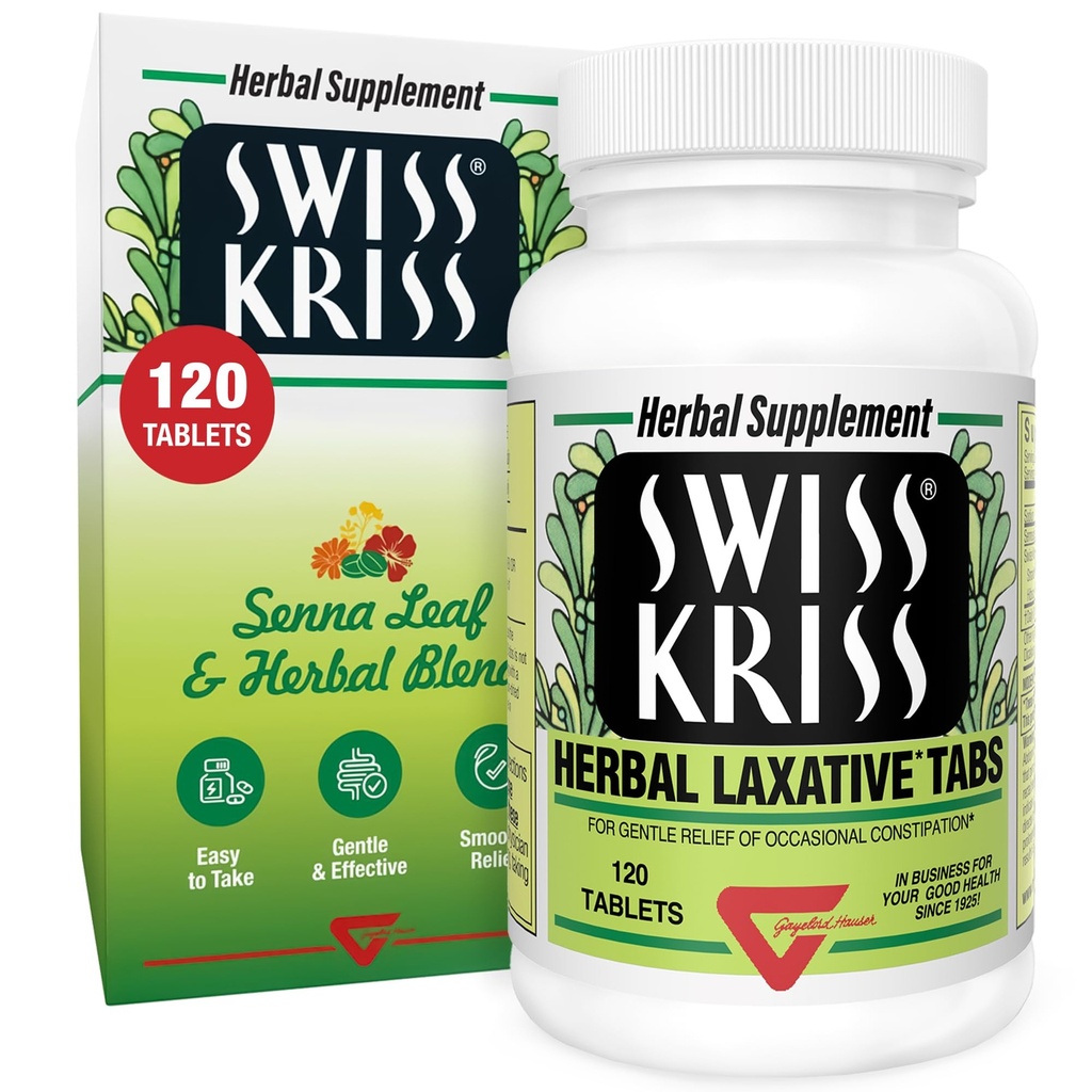 Comprimate Laxative Kriss Swiss Kriss Herbal, Laxative Gentle & Naturale pentru Constipație Relief pentru adulți și copii de peste vârsta 6, funcționează în 6-12 ore, Senna Laxative, 120 comprimate Total