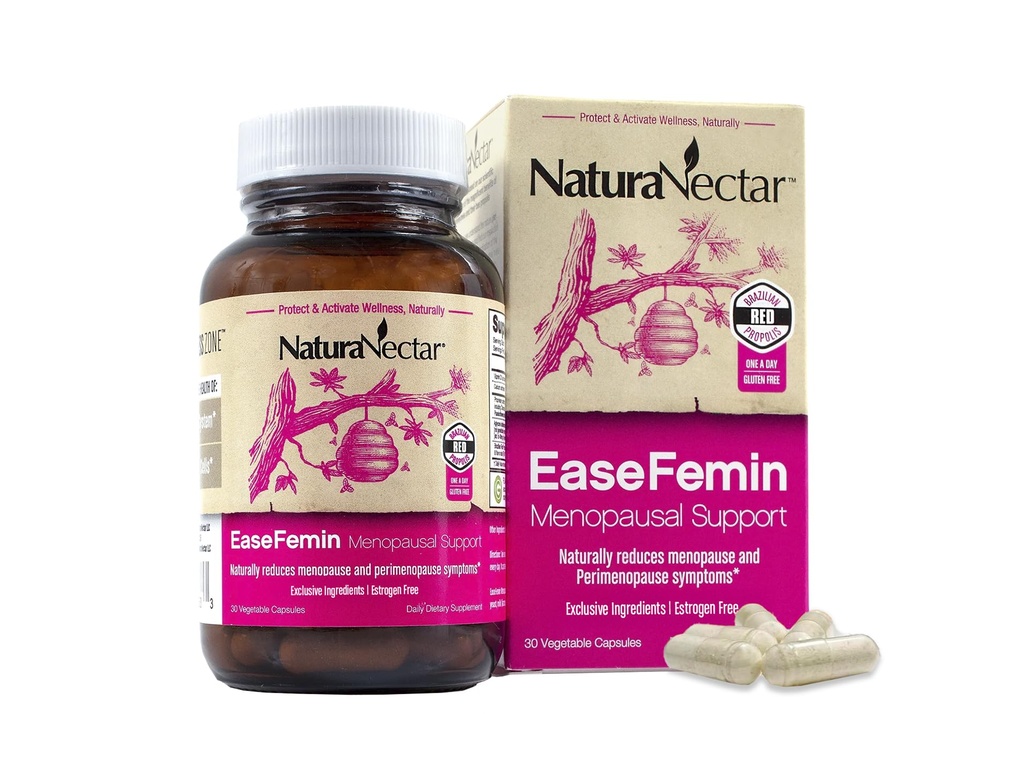 NaturaNectar - EaseFemin Menopauza Supplements for Women - Capsule roşu-estrogen-liber de albine Propolis for Hot Flashes & Night Sweats - Natural and with Poorty calming Herbal Blend (30pcs.)