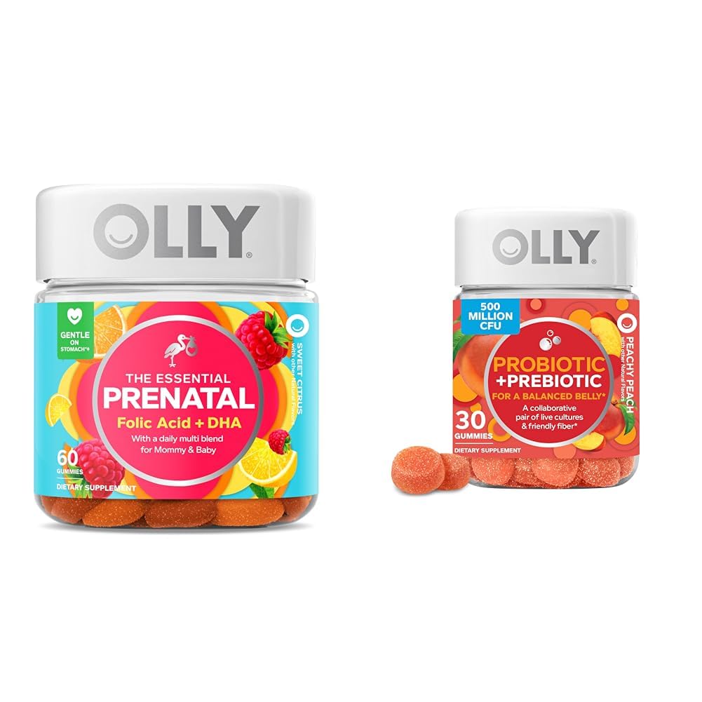 OLLY Essential Gummy Multivitamine Prenatale, 30 zile de aprovizionare (Gumies), dulce, Acid folic & Probiotic + Prebiotic Gummy, suport digestiv și sănătate gută, 500 milioane CFU, Fibră