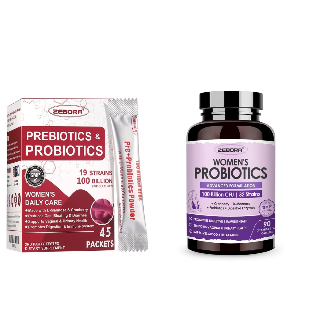ZEBORA Probiotics-for-Women 100-Billion-CFUs cu prebiotice, D-Mannose & Cranberry pentru Digestive, Immune, Feminine UT Health Support, Ultimate Probiotic Women's Care, Soy & Gluten Free, 45 Pachete