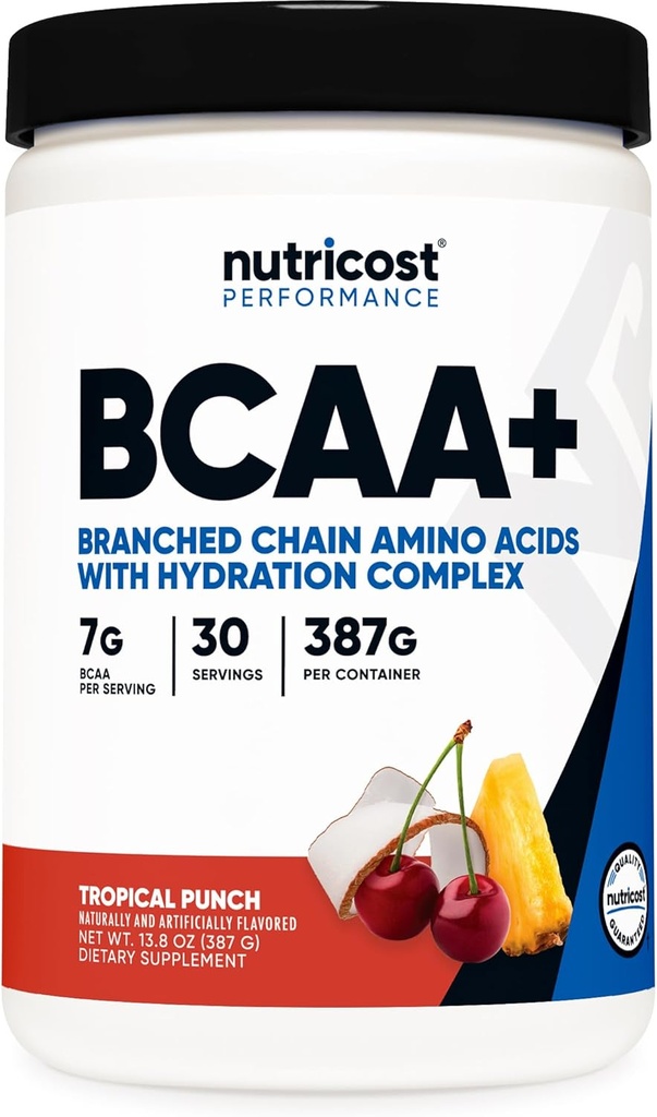 Nutricost BCAA + pulbere de hidratare (Punch Tropical) 30 Servings - Aminoacidi din lant ramificat cu complex de hidratare - Gluten-Free, Non-GMO