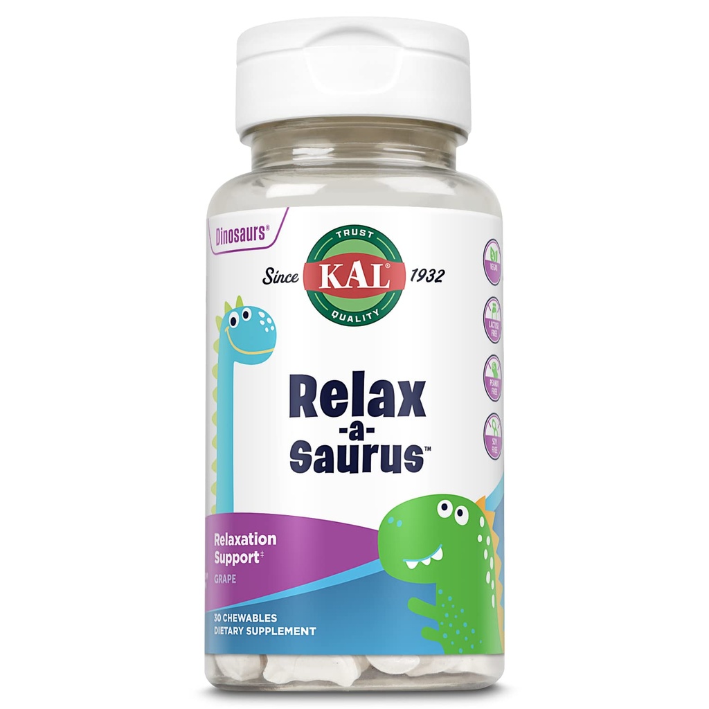 KAL Relax-a-Saurus, supliment de sprijin pentru stres pentru copii, L-Theanine pentru copii cu stress Herbal Relief & Relaxare & Blend, Aromă de struguri naturale delicioase, 60-Day Guarantee, 30 Chestables