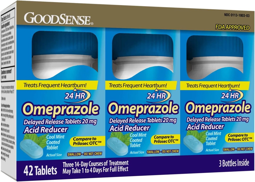 Omeprazolul GoodSense comprimate filmate cu eliberare întârziată 20 mg, mentă rece, tratează arsuri frecvente la stomac, Reductor de acid, Medicină cu arsuri la stomac, 42 Număr