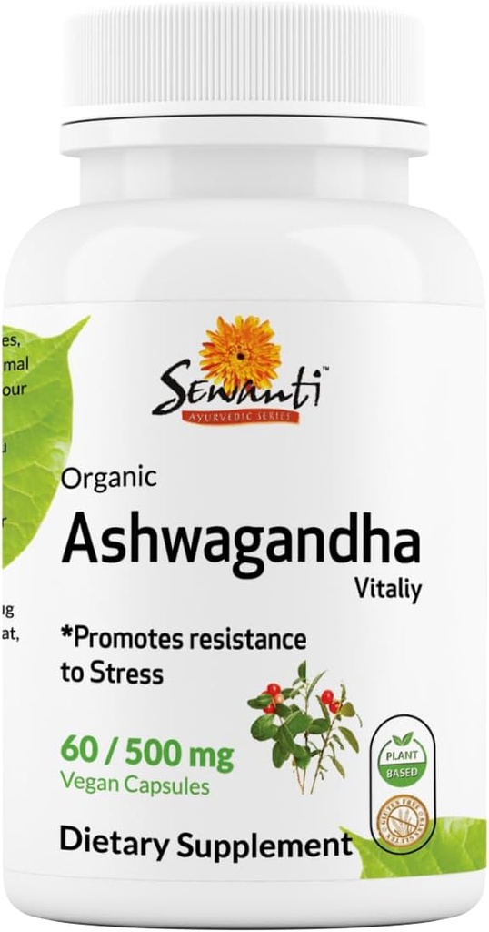 Sewanti Capsule organice Ashwagandha - Relief de stres natural și de energie Boost - Supliment alimentar Extract de mare potențial 60 Capsule Vegane - 500 mg