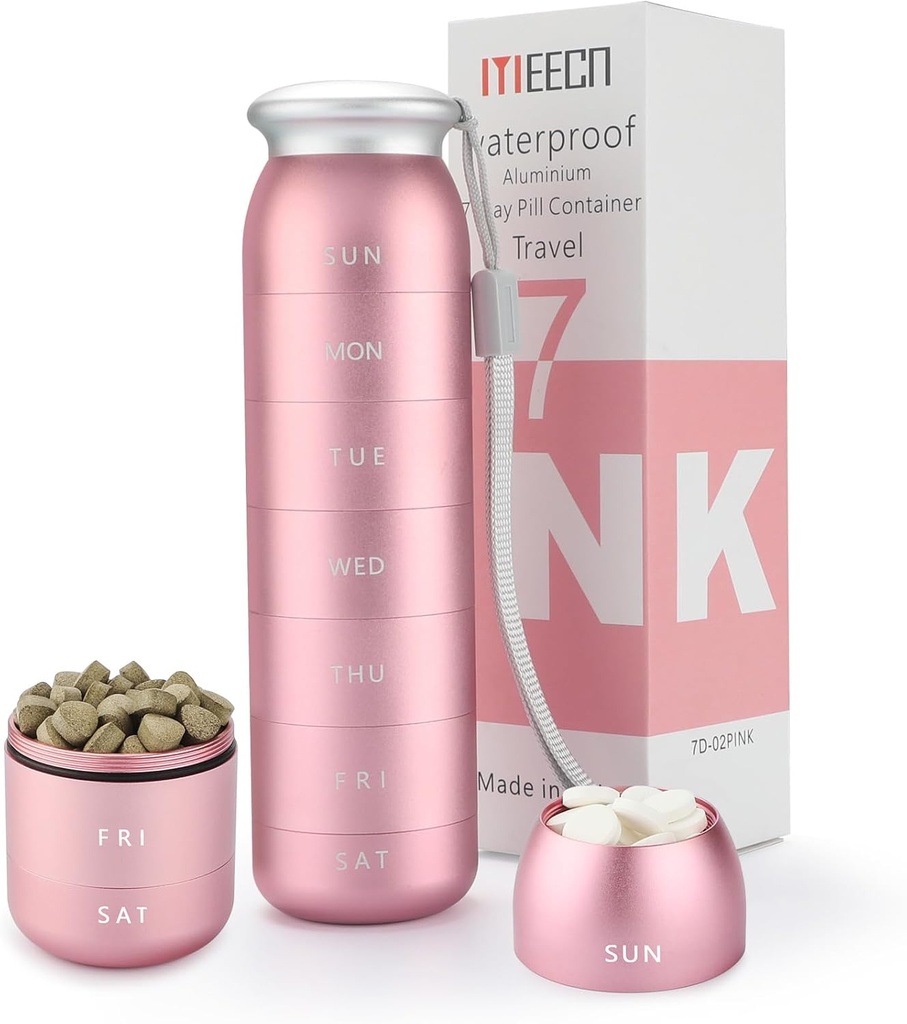 Weekly Pill Organizator, Portable Travel 7 zile, Container impermeabil, Large, Aluminiu, Metal, Hold Vitamine, Cod Ulei de ficat, Suplimente și medicamente (Pink)