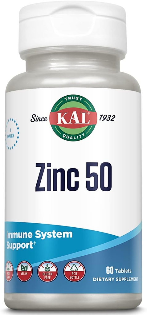 KAL Zinc 50 mg Complex acid hidroxiacid, Metabolism sănătos și suport imunitar cu Orotat de zinc, Citrat de zinc, Absorbție îmbunătățită w/ActiSorb, Vegan, Gluten gratuit, non-GMO, 60 Serv, 60 comprimate