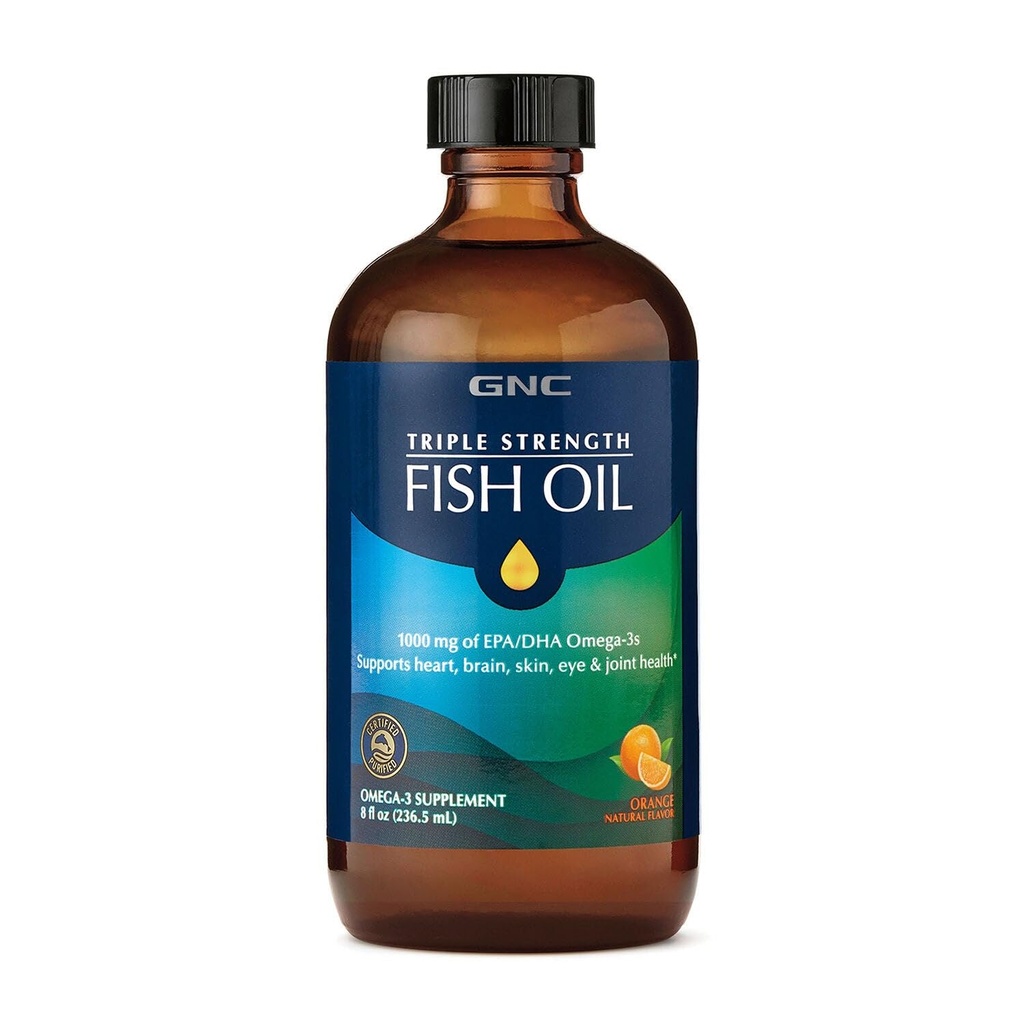 GNC Triple Putere de pește supliment lichid ulei, Wild Deep Ocean prins. cu 1000 mg EPA DHA Omega 3s, pentru, Inima, Creier, piele, ochi, sănătate comună, Aroma portocaliu natural, 8 Fl Oz, 47 Serviri